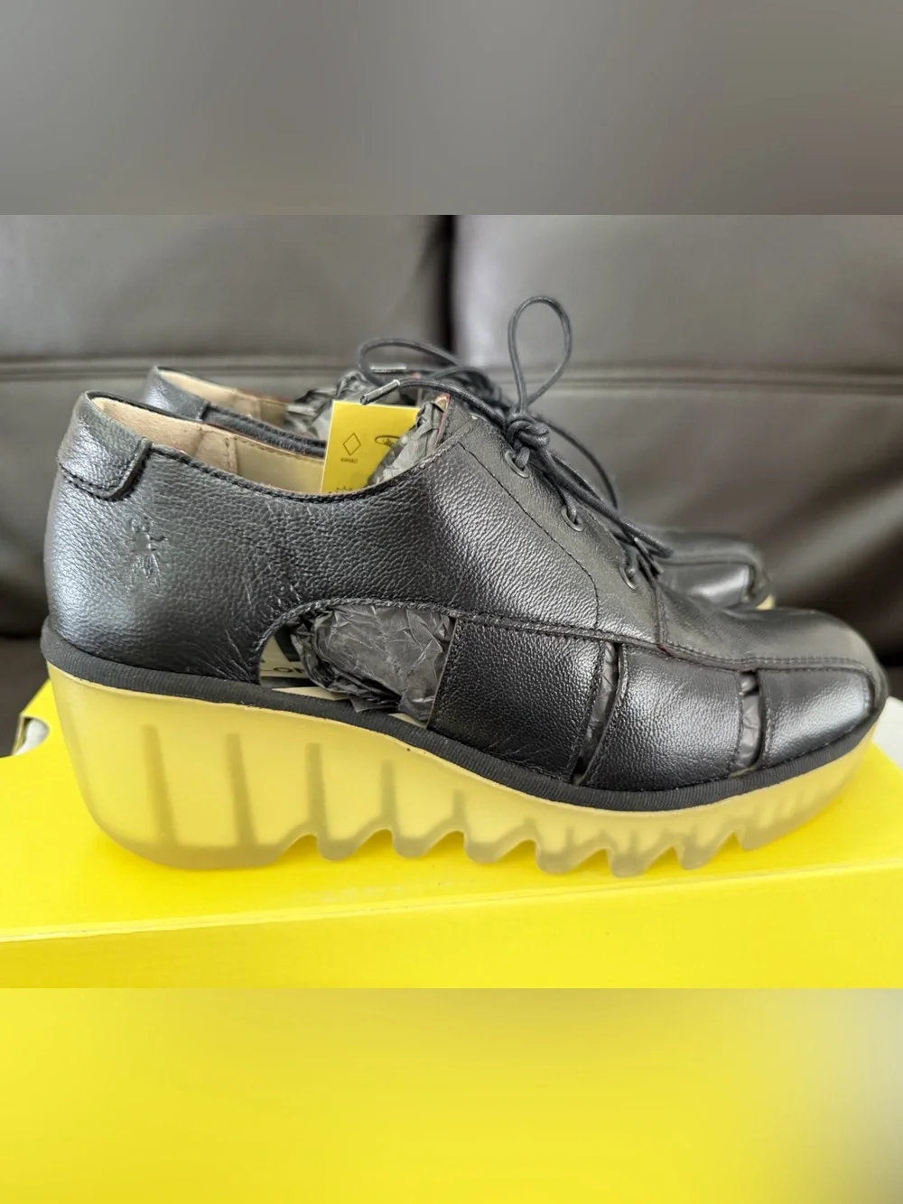 Fly London Black Leather Fisherman Sandal with Beige Rubber Wedge Sole